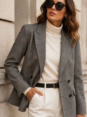 Wilfred Plaid Gray Double-Breasted Blazer Office Chic Luxury Size 00 Minimalist